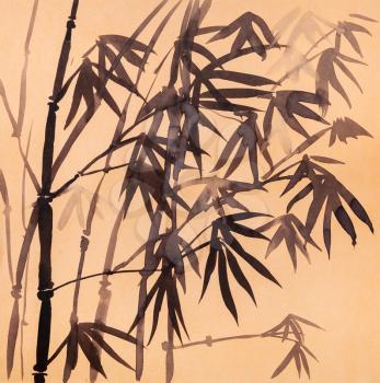bamboo grove hand-drawn by black watercolor in sumi-e (suibokuga) style on brown kraft paper