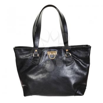 side view of handcrafted black leather shopper bag with brass clasp isolated on white backgroud