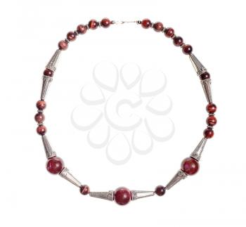 handcrafted necklace from brown agate balls, ox's eye beads and silver inserts isolated on white background