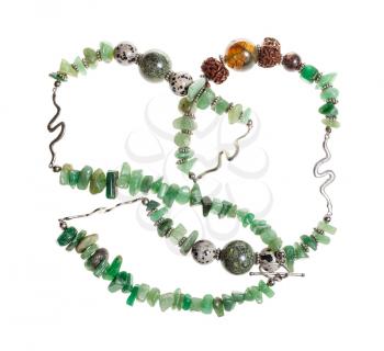 handcrafted necklace from polished green aventurine gemstones, cracked agate ball, aplite, rhodonite and rudraksha beads isolated on white background