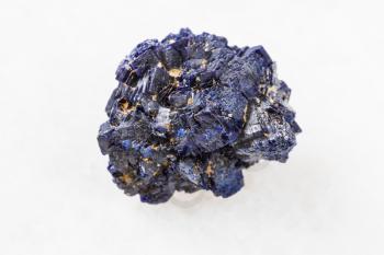 macro photography of sample of natural mineral from geological collection - unpolished Azurite mineral crystals from Jezkazgan, Kazakhstan on white marble background