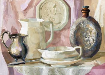 cream and pink still-life with crockery hand-drawn by tempera on white paper