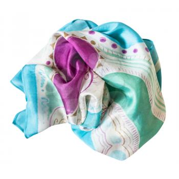 wrapped blue, green and purple handpainted silk scarf isolated on white background