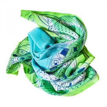 wrapped blue and green handpainted silk scarf isolated on white background