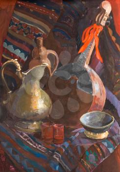 still life with jug and mandoline hand-painted by tempera paints on white paper