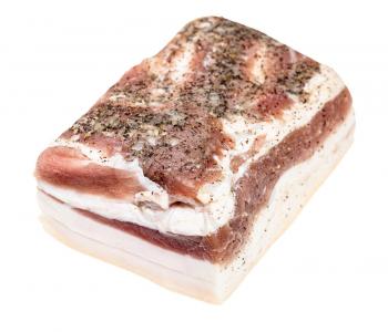 piece of salted Salo (pork fatback) with meat layers isolated on white background