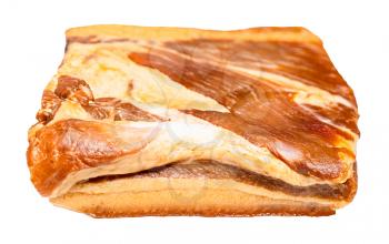 piece of smoked Salo (pork fatback) with meat layers isolated on white background