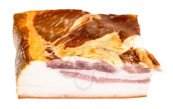 cutted smoked Salo (pork fatback) with meat layers isolated on white background
