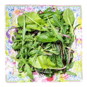 top view of mix of assorted small young salad greens on ornamental square plate isolated on white background