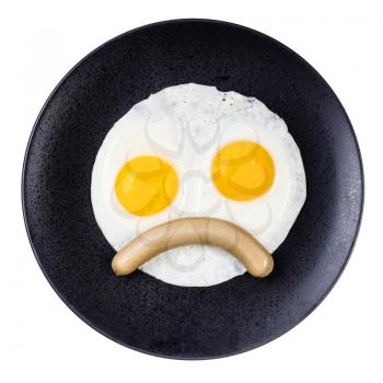 top view of fried eggs and curved boiled sausage on black plate isolated on white background. Fried eggs like frowning face