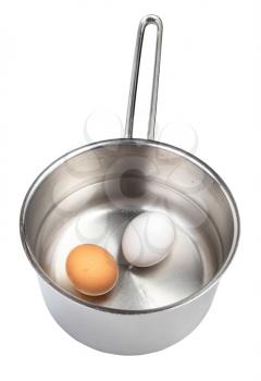 front view of two eggs in saucepan with water isolated on white background