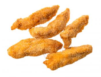 several chicken strips (breaded and deep fried pieces of chicken meat) isolated on white background