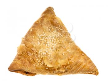 cooked Samsa (savoury pastry stuffed with minced meat and chopped onion in Central Asian cuisine) isolated on white background