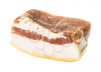 chunk of barrel salted Salo (pork fatback) with meat layer isolated on white background