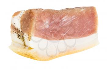 piece of barrel salted Salo (pork fatback) with pork meat isolated on white background
