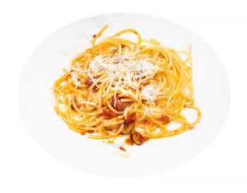 portion of Spaghetti alla Sorrentina on white plate isolated on white background