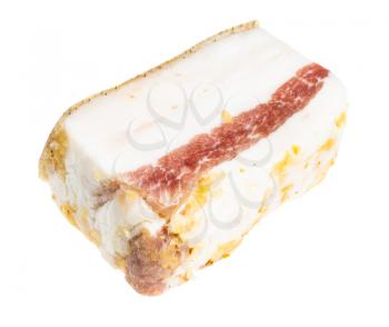 chunk of Salo (salted pork fatback) with garlic with meat layer isolated on white background