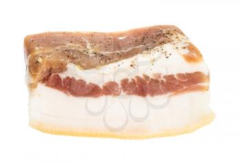piece of barrel salted Salo (pork fatback) with meat layer isolated on white background