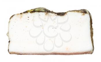 slice of Salo (salted pork fatback) with garlic and black pepper isolated on white background