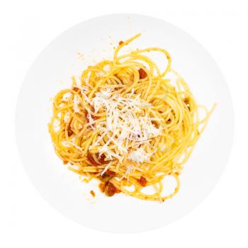 top view of portion of Spaghetti alla Sorrentina on white plate isolated on white background