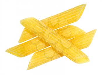 few dried Penne Rigate (variety of italian short pasta) close up isolated on white background