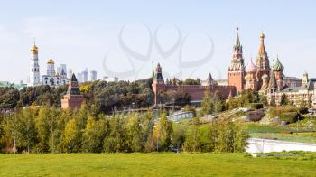 panoramic view of Kremlin from Zaryadye landscape urban public park on sunny September day