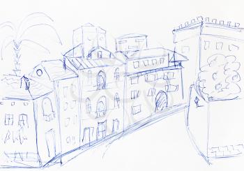 sketch of street in european town hand-drawn by blue ballpen on white paper