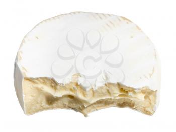 bitten soft cheese with white mold isolated on white background