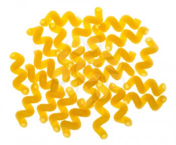 top view of handful of dried Cavatappi (variety of italian short pasta) isolated on white background