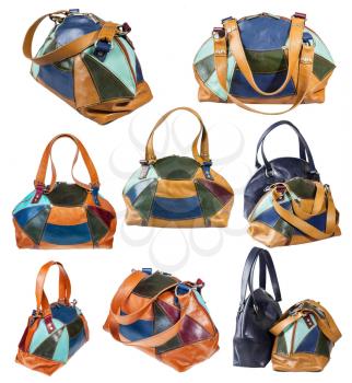 set of handmade patchwork leather travel bags isolated on white background