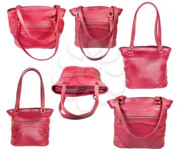 set of pink handbags handmade from natural leather isolated on white background