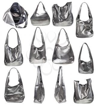set of handcrafted handbags from soft silver leather isolated on white background