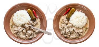set of Beef Stroganoff (Beef Stroganov, Befstroganov) russian dish of stewed meat in sour cream with boiled rice on brown plate isolated on white background