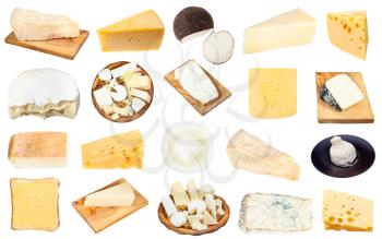 set of various pieces of cheeses isolated on white background