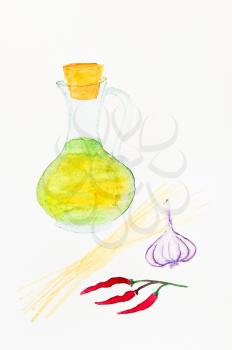 still life with ingredients for italian Spaghetti aglio olio e peperoncino (Spaghetti with garlic, oil and chilli pepper) hand-drawn by watercolors on white paper