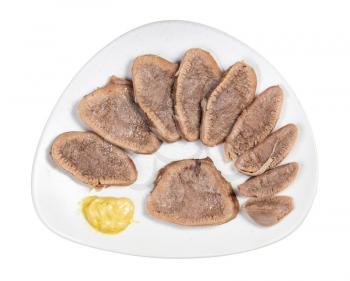 top view of sliced boiled beef tongue on white plate isolated on white background