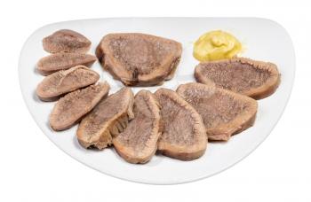 portion of sliced boiled beef tongue on white plate isolated on white background