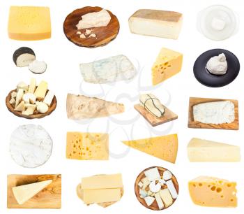 collage from various pieces of cheeses isolated on white background
