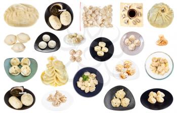 set of various dumplings (dim sum, buuz, pelmeni, pyanse, khinkali, manti, etc) isolated on white background