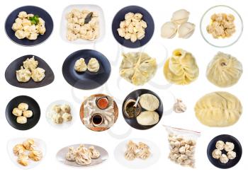 collage from various dumplings (dim sum, buuz, pelmeni, pyanse, khinkali, manti, etc) isolated on white background