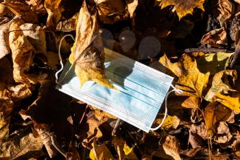 dropped sanitary face mask in fallen leaves close up on sunny autumn day
