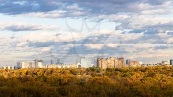 panoramic view of urban park and residential district on horizon lit by autumn sunset sun in Moscow city