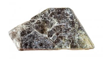 macro photography of sample of natural mineral from geological collection - raw laminas of muscovite (common mica) mineral isolated on white background