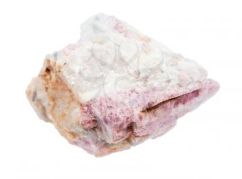macro photography of sample of natural mineral from geological collection - raw pink Tourmaline mineral in feldspar and quartz rock isolated on white background