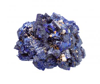 macro photography of sample of natural mineral from geological collection - rough Azurite mineral crystals isolated on white background