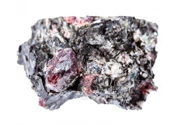 macro photography of sample of natural mineral from geological collection - rough red Garnet crystals in Biotite rock isolated on white background