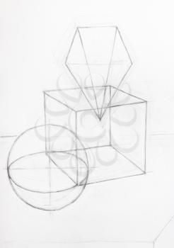 beginning of still-life from geometric shapes hand-drawn by black pencil on white paper