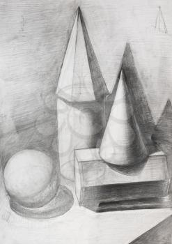 shading of geometric shapes hand-drawn by black pencil on white paper