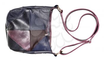 front view of handcrafted leather crossbody bag with patchwork decoration isolated on white background