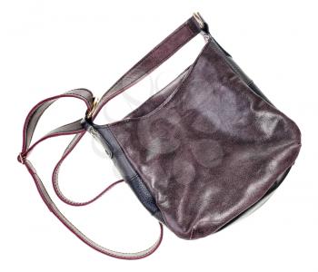 back side of handcrafted leather crossbody hobo bag isolated on white background
